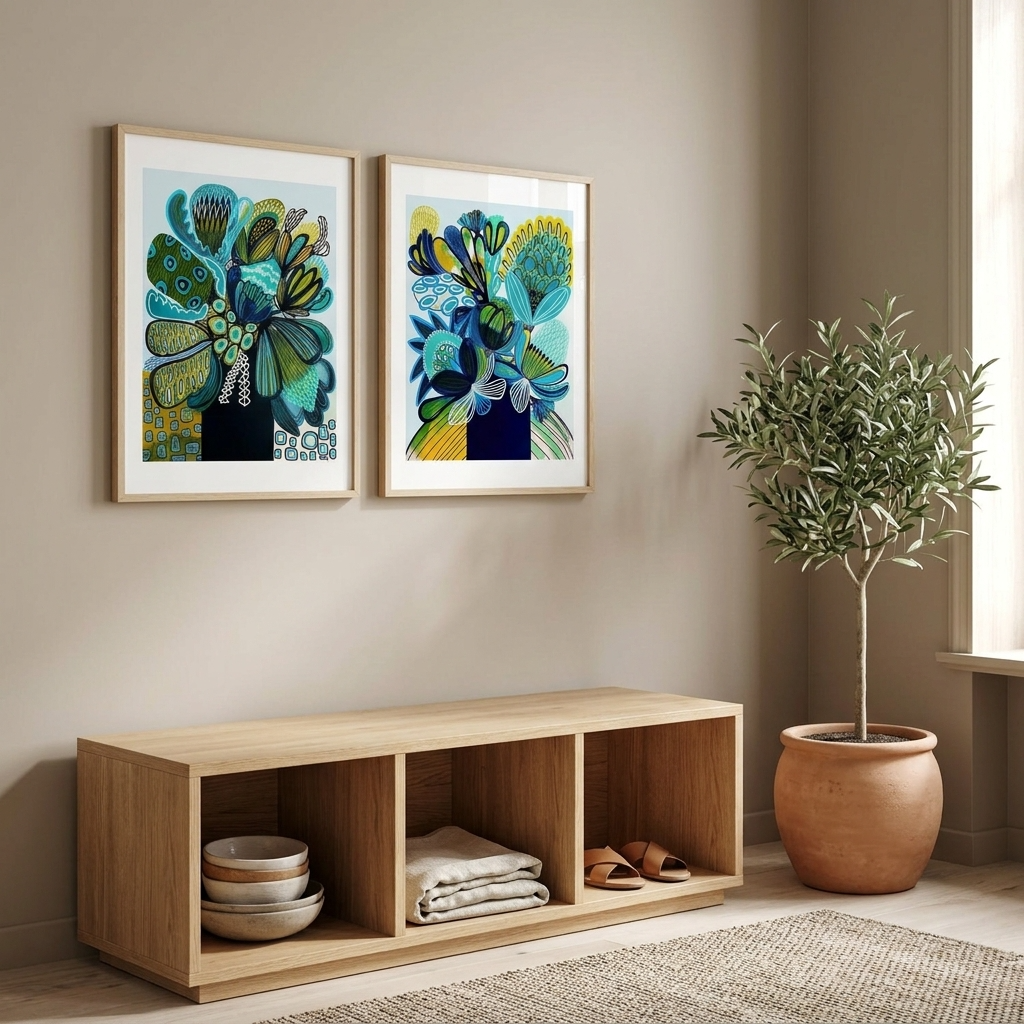 Blue & Teal Banksia Abstract Print Set