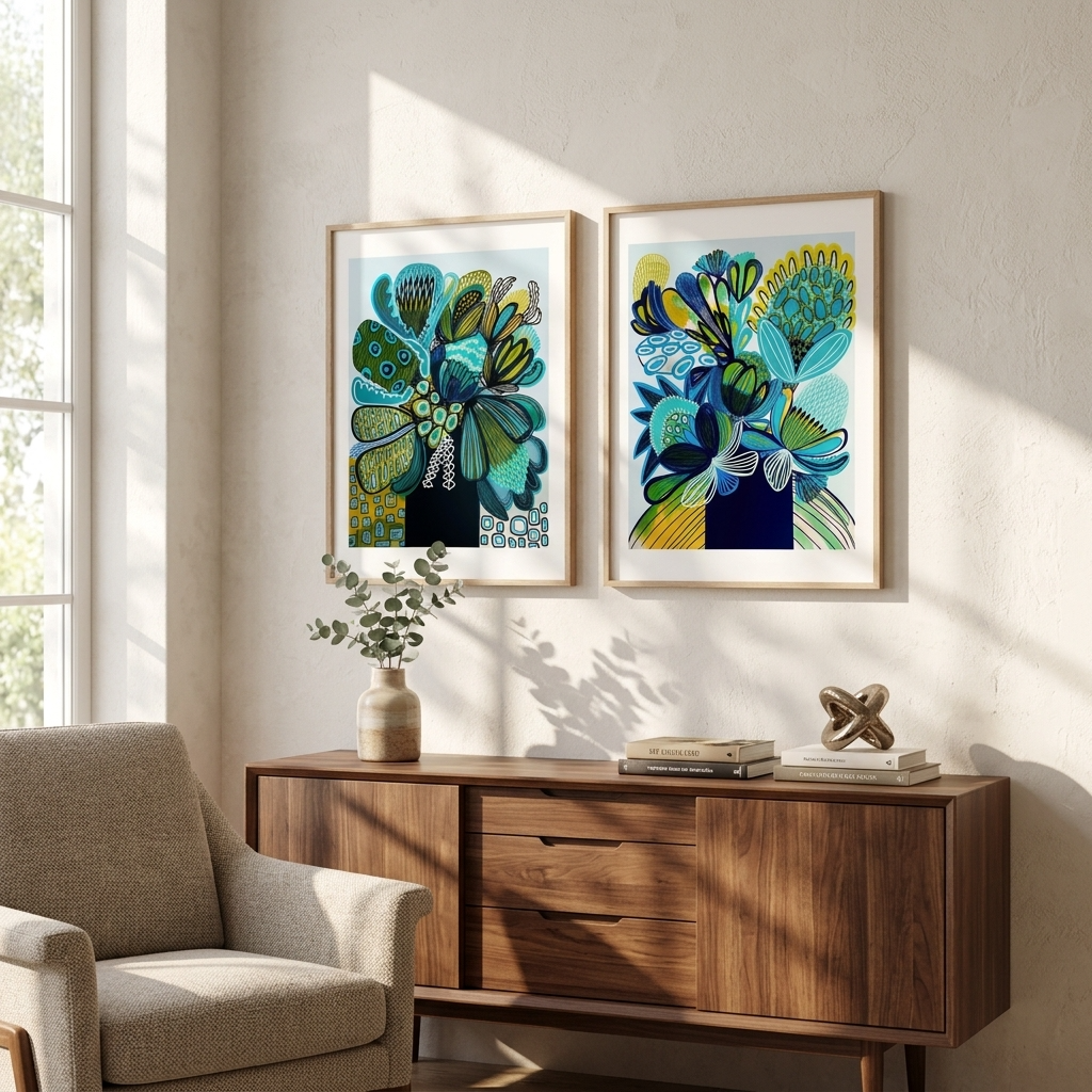 Blue & Teal Banksia Abstract Print Set