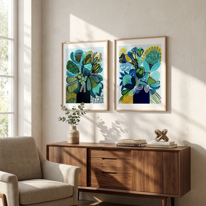 Blue & Teal Banksia Abstract Print Set