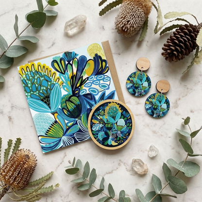 Hand-painted Azure Natives wooden earrings and brooch set by Kirsten Katz