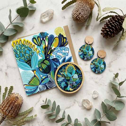 Hand-painted Azure Natives wooden earrings and brooch set by Kirsten Katz