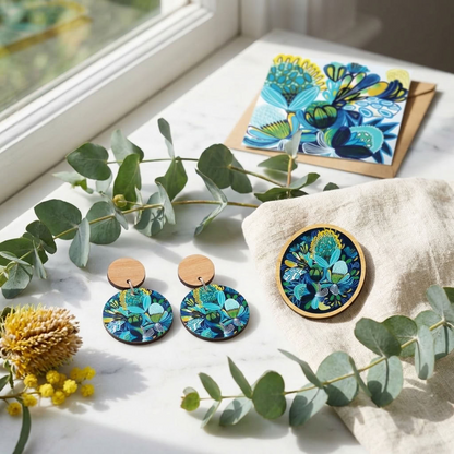 Australian native flowers jewellery gift set in blue tones - earrings and brooch - Kirsten Katz