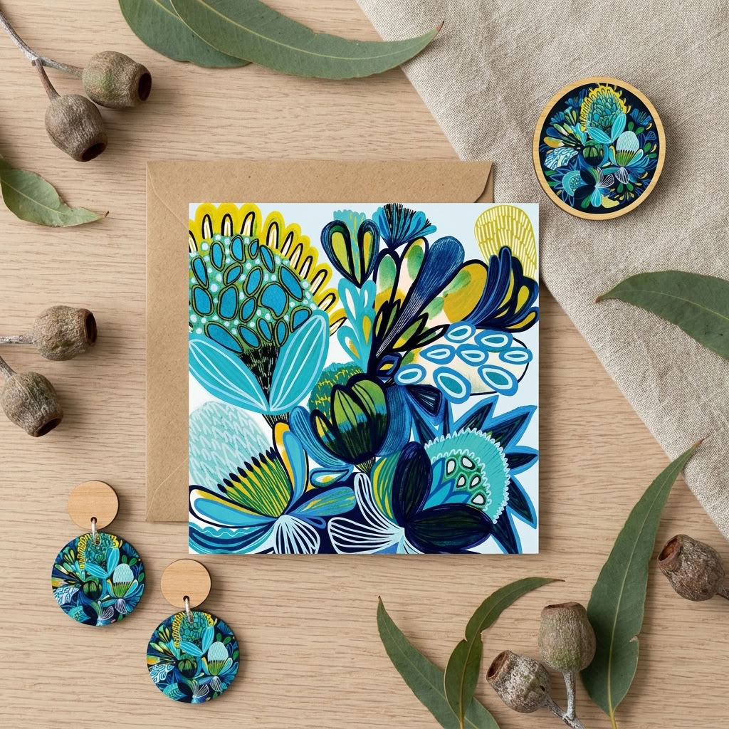 Azure Natives wooden earrings and brooch, a botanical Australian gift by Kirsten Katz