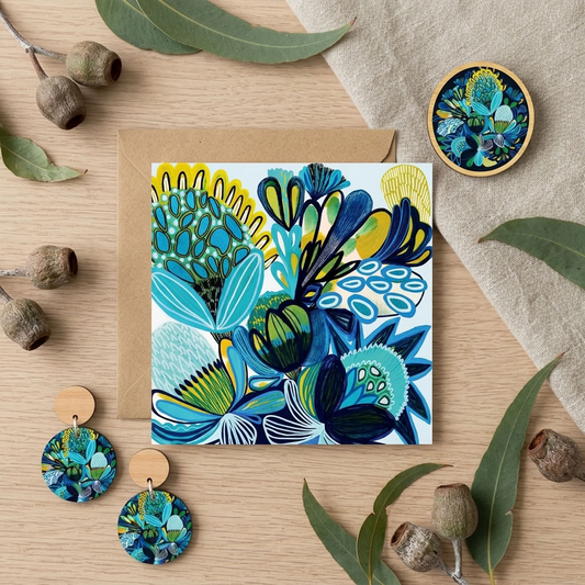 Azure Natives wooden earrings and brooch, a botanical Australian gift by Kirsten Katz