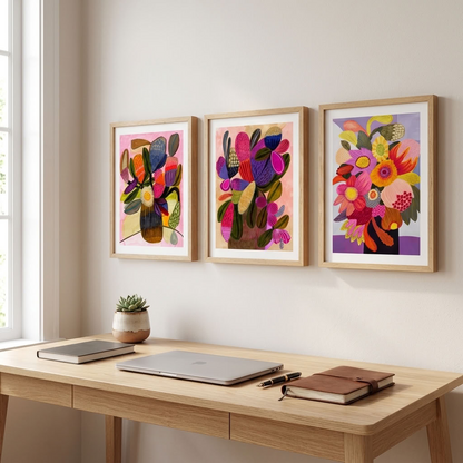 Big Blooms three-print set by Kirsten Katz, bold and muted modern botanical still lifes