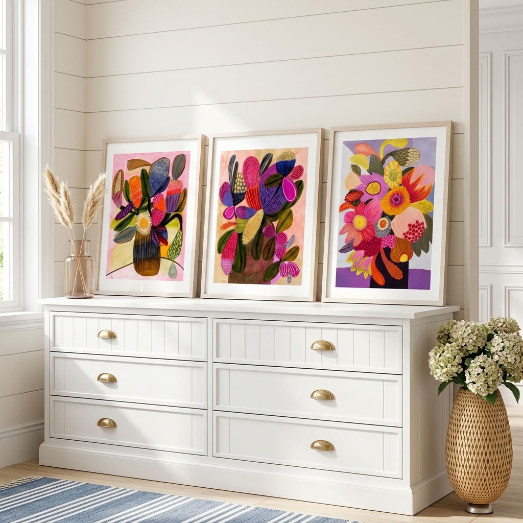 Set of three Big Blooms art prints by Kirsten Katz featuring stylised blooms and native bunches in vases
