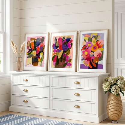 Set of three Big Blooms art prints by Kirsten Katz featuring stylised blooms and native bunches in vases