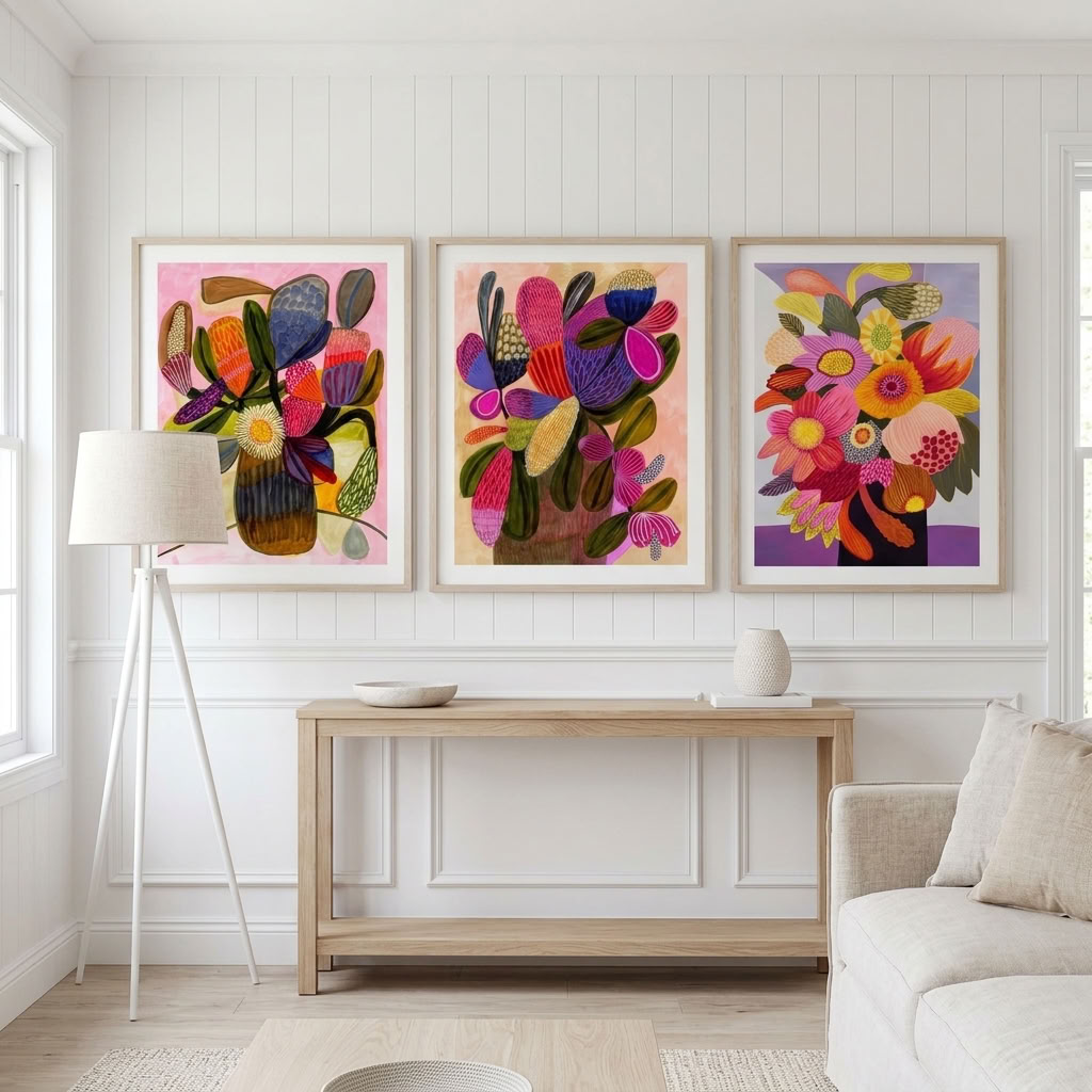 Big Blooms gallery wall set by Kirsten Katz, oversized flowers, banksias and proteas on soft violet, pink and peach