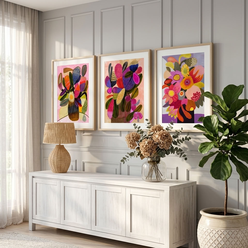 Modern floral wall art print trio by Kirsten Katz, contemporary Australian still life prints