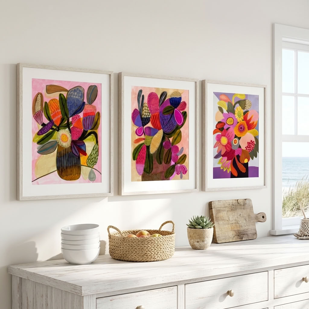 Big Blooms art print set by Kirsten Katz, native flowers simplified into stylised contemporary shapes