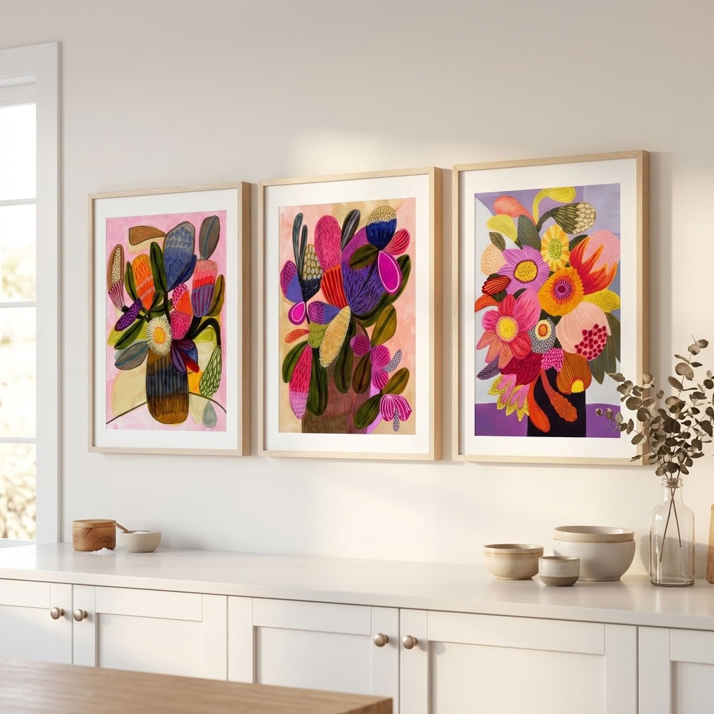 Kirsten Katz modern still life print set, gathered bunches of banksias and eucalyptus with bold blooms