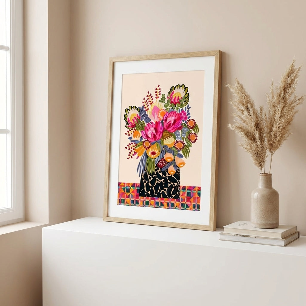 floral wall art print displayed above a console table showing size and scale