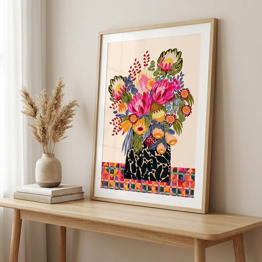 floral wall art print displayed above a console table showing size and scale
