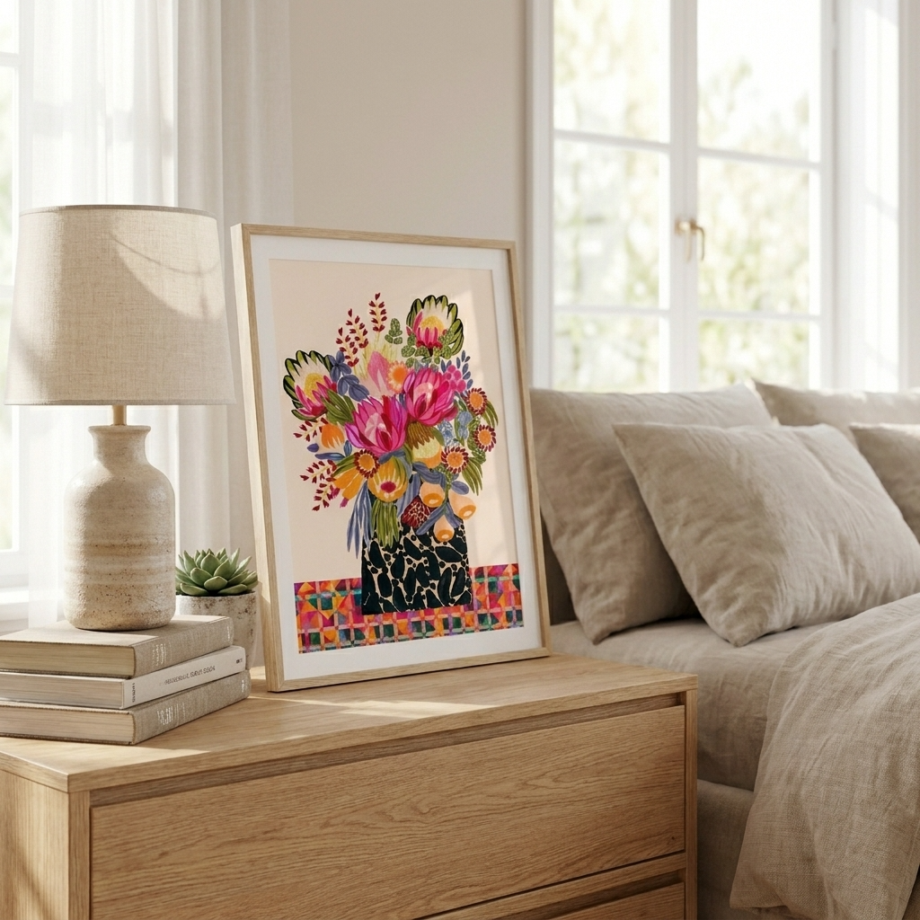 Framed colorful floral artwork on a wooden dresser next to a bed with pillows.