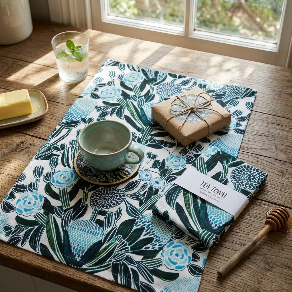 Blue Banksia Tea Towel & Coaster Set