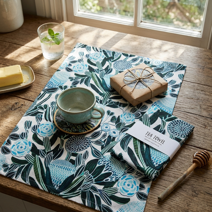 Blue Banksia Tea Towel & Coaster Set