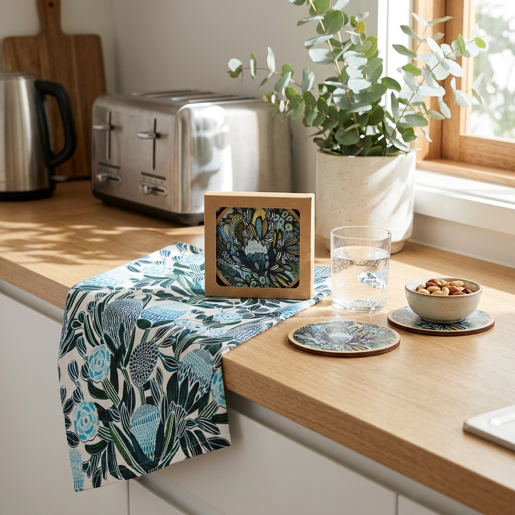 Blue Banksia Tea Towel & Coaster Set
