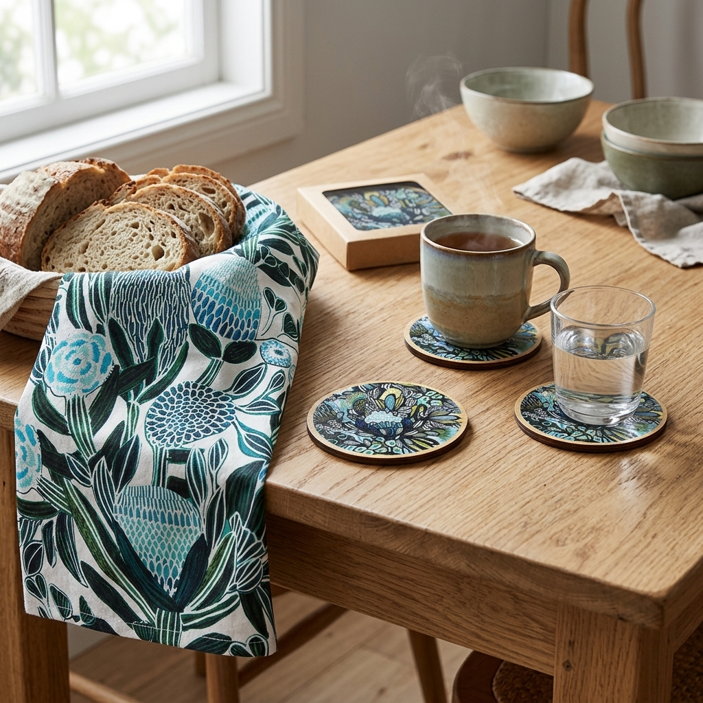 Blue Banksia Tea Towel & Coaster Set