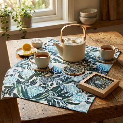 Blue Banksia Tea Towel & Coaster Set