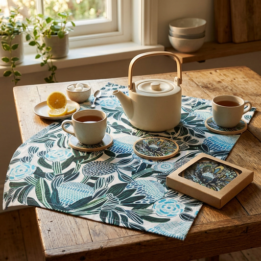 Blue Banksia Tea Towel & Coaster Set