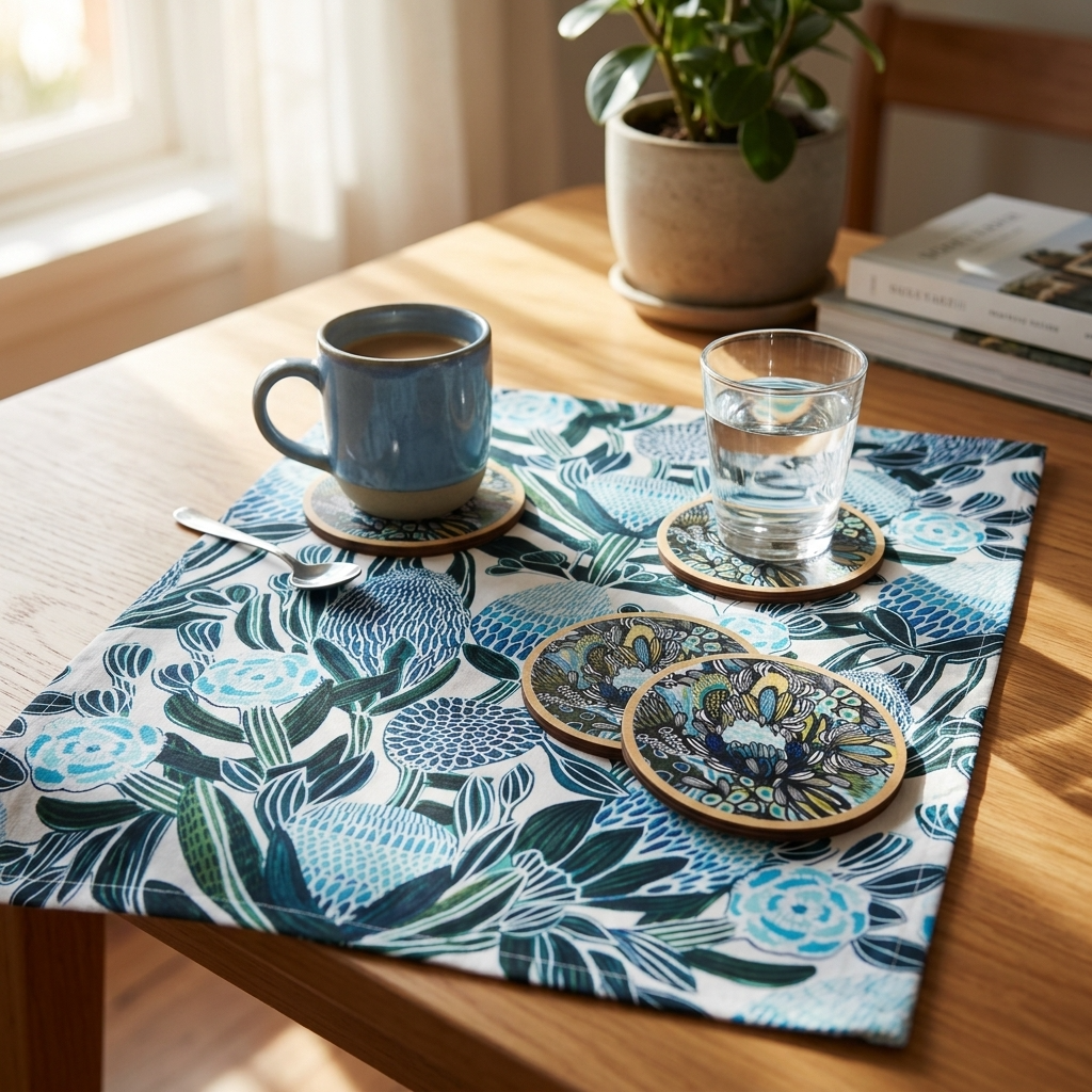 Blue Banksia Tea Towel & Coaster Set