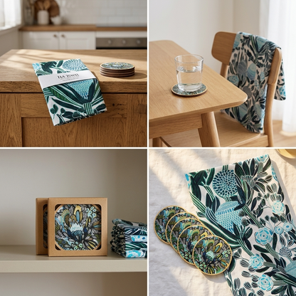Blue Banksia Tea Towel & Coaster Set
