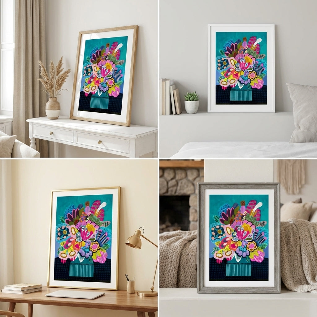 Framed colorful floral artwork displayed in various home settings.