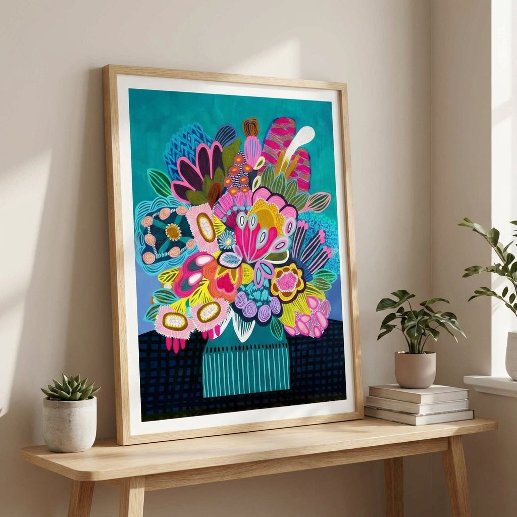 Colorful abstract floral artwork in a wooden frame on a table with plants and books.