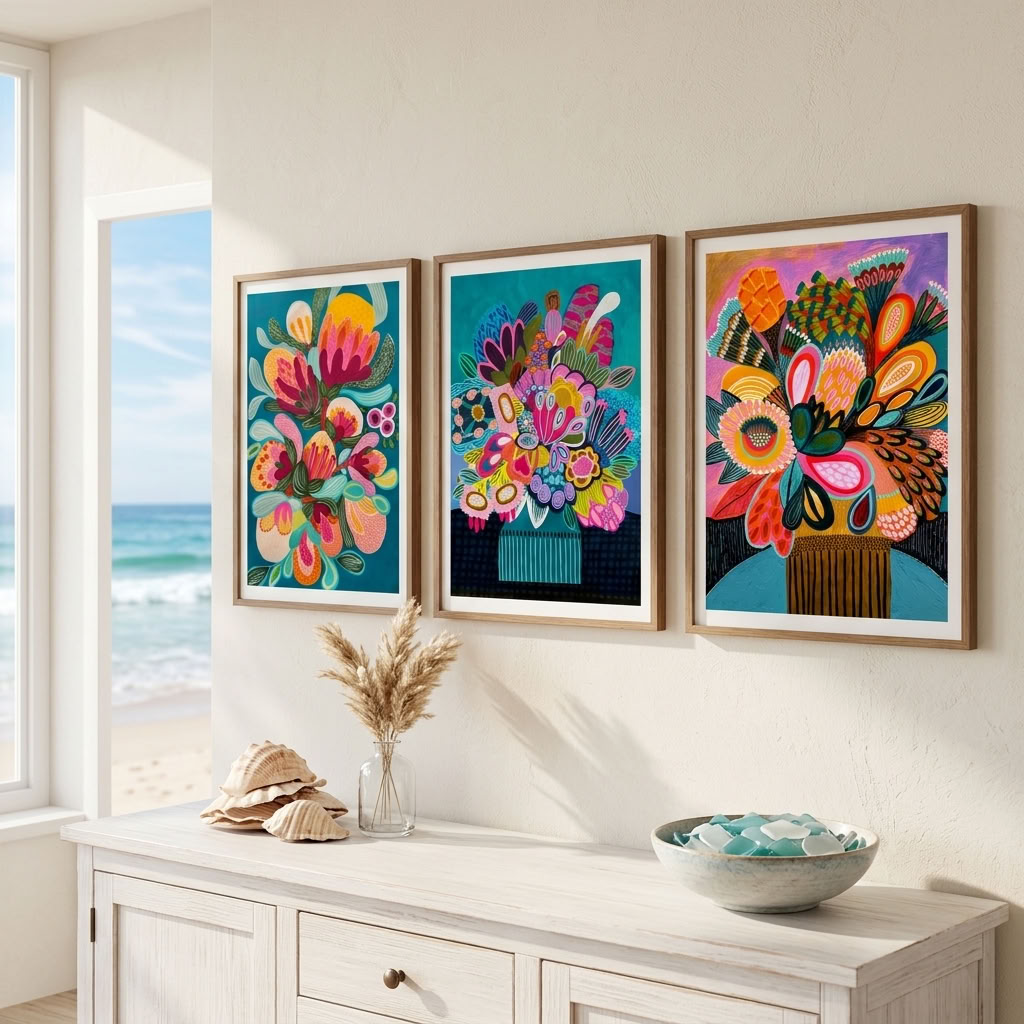 Botany Blooms wall art print set by Kirsten Katz, three modern botanical prints of stylised native proteas and banksias