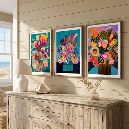 Set of three Botany Blooms art prints by Kirsten Katz featuring stylised native flowers on teal and pink grounds