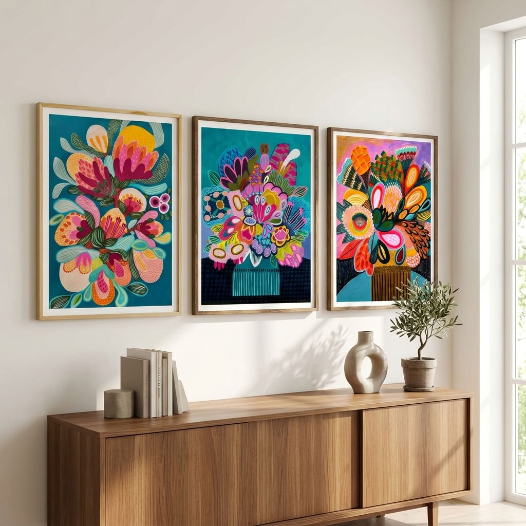 Botany Blooms wall art print set by Kirsten Katz: three framed modern botanical prints of stylised proteas and flowers in vases on teal and pink grounds, hung above a timber sideboard