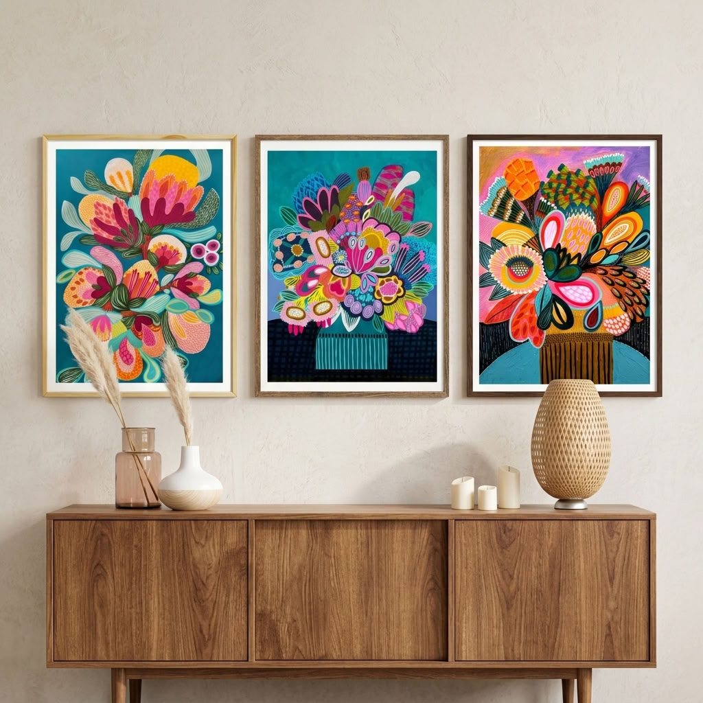 Kirsten Katz Botany Blooms print set, modern Australian botanical wall art in rich jewel-toned colour
