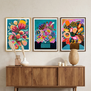 Kirsten Katz Botany Blooms print set, modern Australian botanical wall art in rich jewel-toned colour