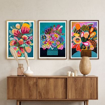 Kirsten Katz Botany Blooms print set, modern Australian botanical wall art in rich jewel-toned colour