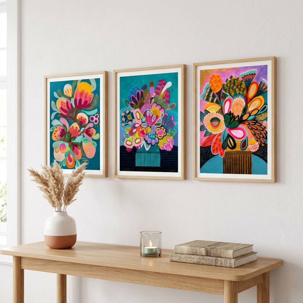 Botany Blooms gallery wall set by Kirsten Katz, stylised proteas and native blooms in vases
