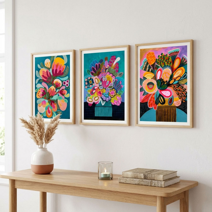 Botany Blooms gallery wall set by Kirsten Katz, stylised proteas and native blooms in vases
