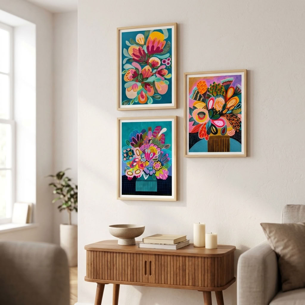 Modern botanical wall art print set by Kirsten Katz, Botany Blooms, Botanica Stupenda and Colour Blooming Still Life