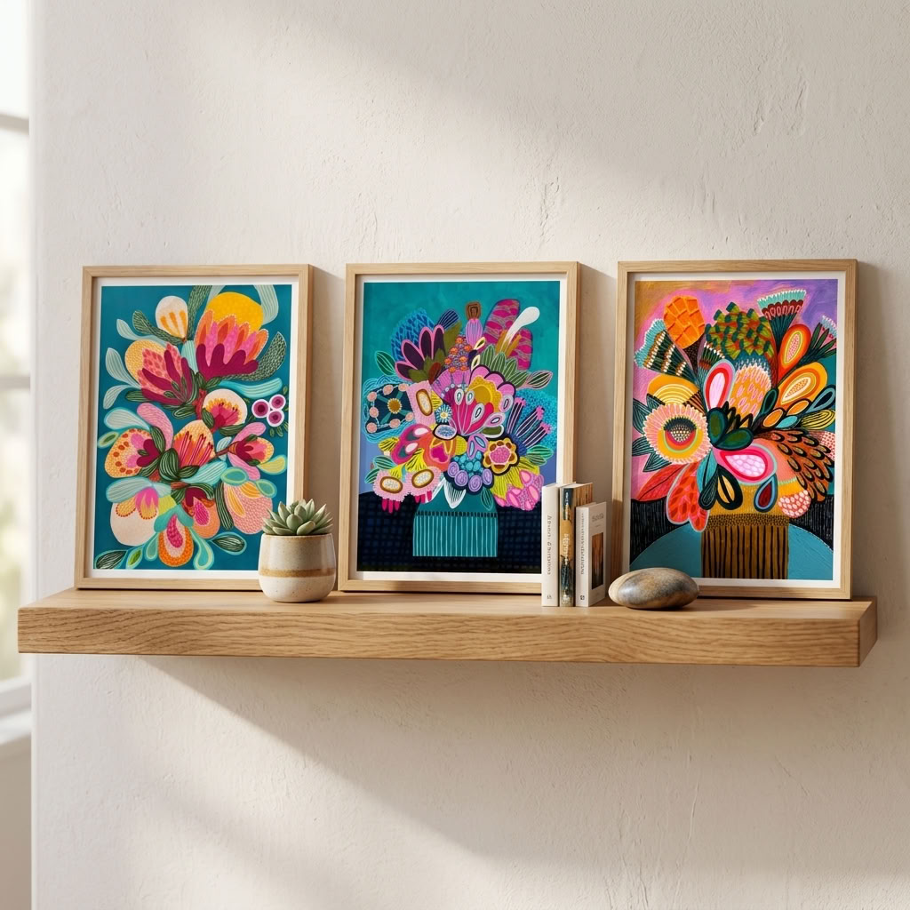Botany Blooms art print set by Kirsten Katz, bold native floral prints in teal, pink and gold