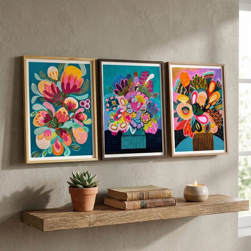 Three-print Botany Blooms wall art set by Kirsten Katz, Australian artist, colourful modern native florals