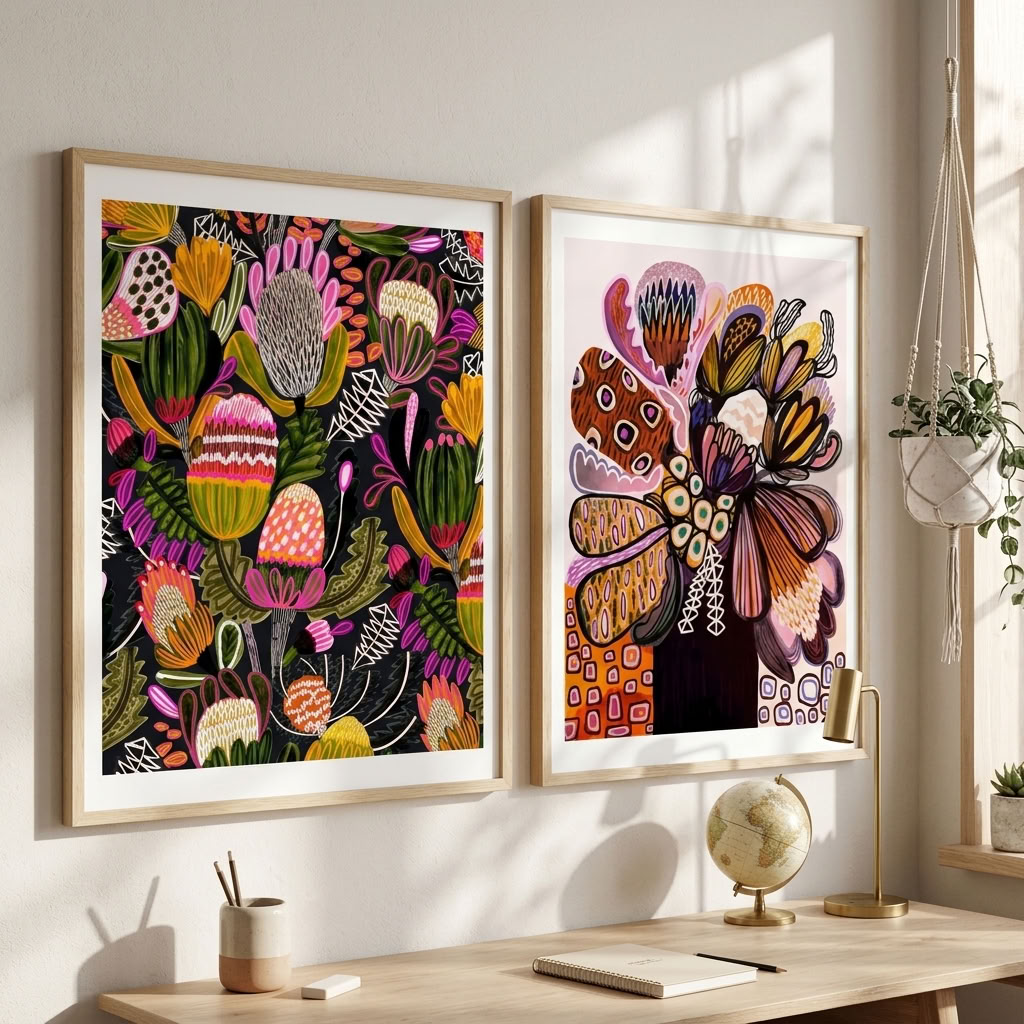 Bush Banksias Australian wall art print set by Kirsten Katz, two modern abstract prints of banksias and proteas