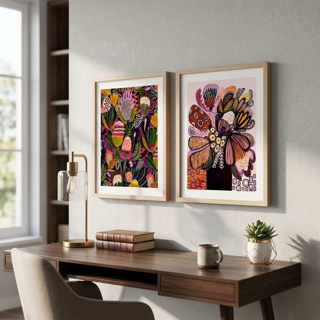 Set of two Bush Banksias art prints by Kirsten Katz featuring native flowers on charcoal and soft pink grounds