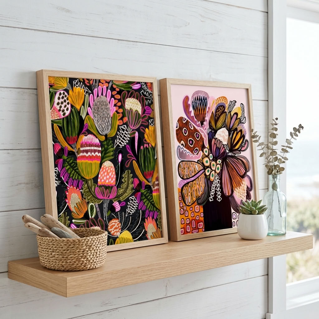 Kirsten Katz Bush Banksias print set, Bush Banksia and Pink Proteas abstract art prints