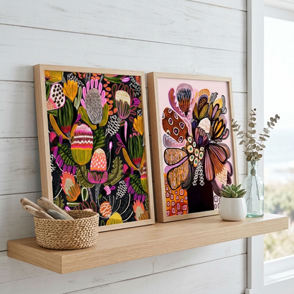 Kirsten Katz Bush Banksias print set, Bush Banksia and Pink Proteas abstract art prints