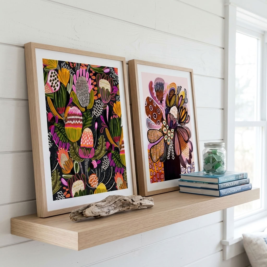 Bush Banksias gallery wall set by Kirsten Katz, abstract banksias and proteas with fine lined detail