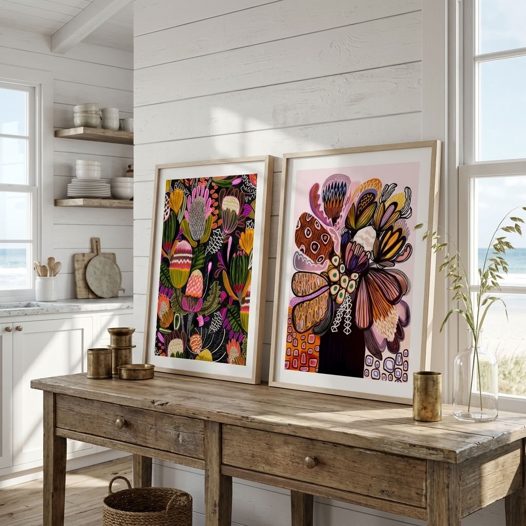 Modern Australian abstract wall art print pair by Kirsten Katz, one on deep charcoal and one on soft pink