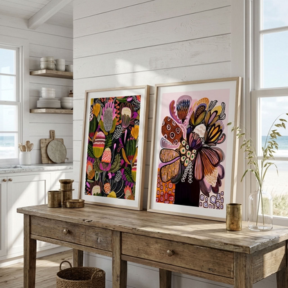 Modern Australian abstract wall art print pair by Kirsten Katz, one on deep charcoal and one on soft pink