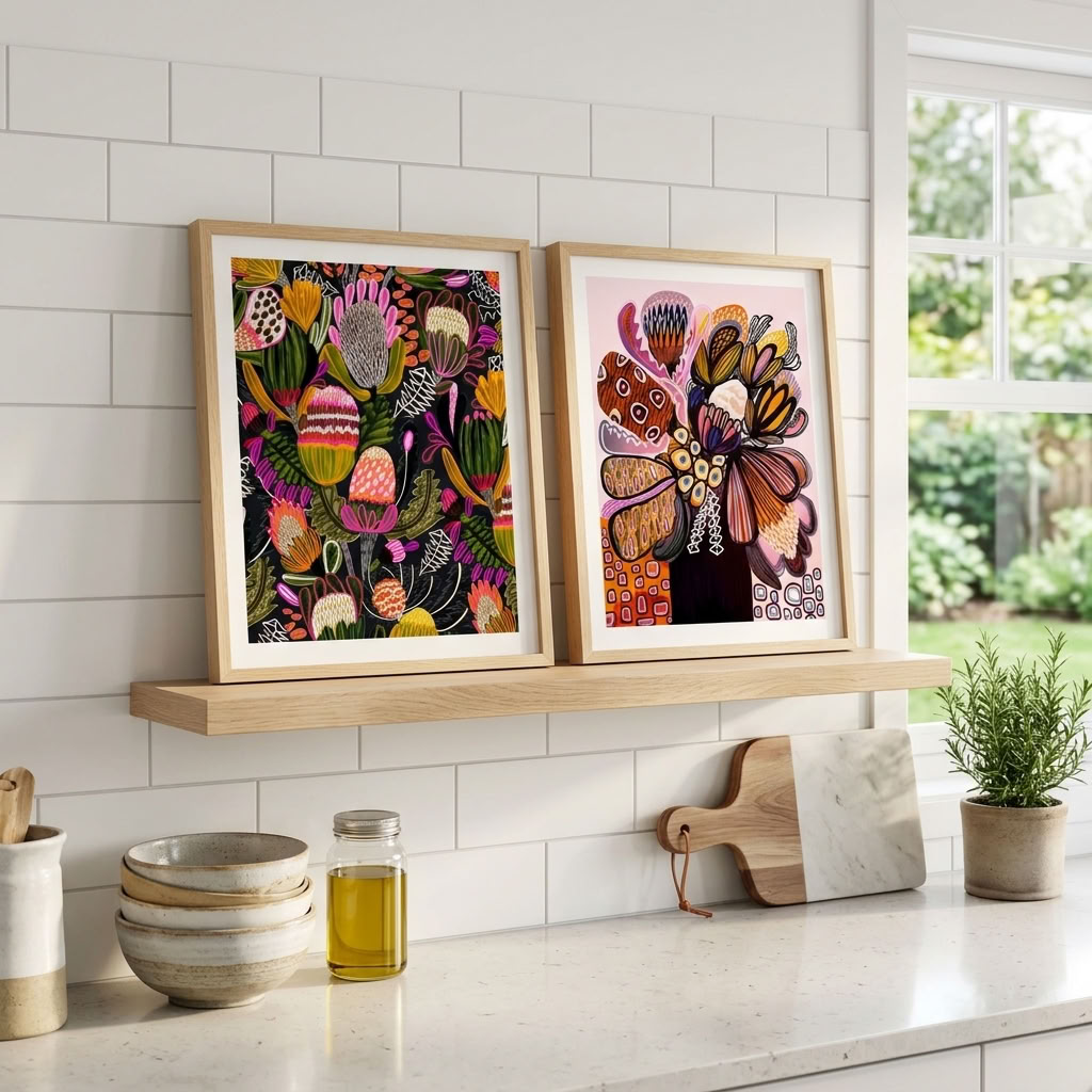 Bush Banksias art print set by Kirsten Katz, native flora in pops of pink, mustard, green and olive