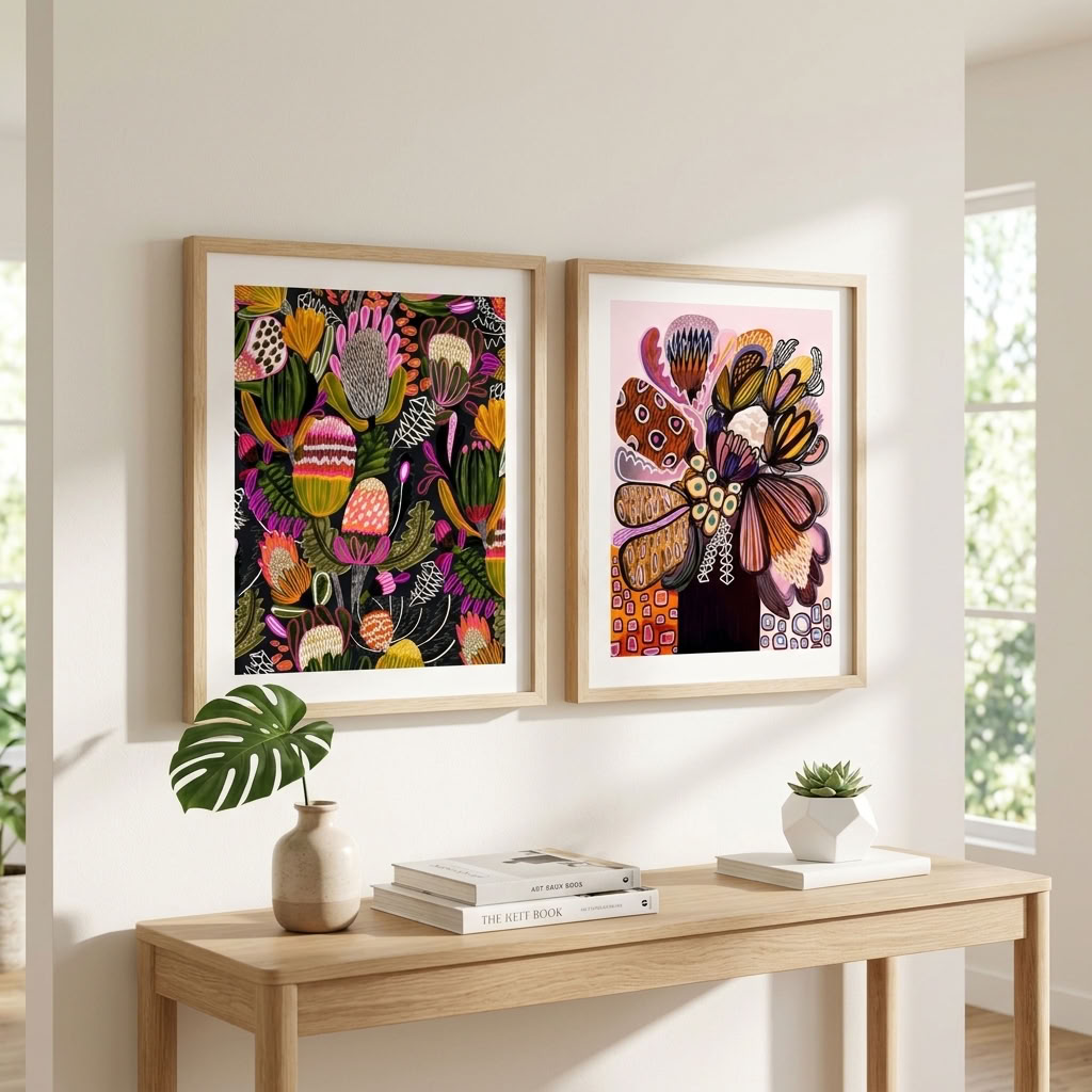 Two-print Bush Banksias wall art set by Kirsten Katz, Australian artist, bold abstract botanicals