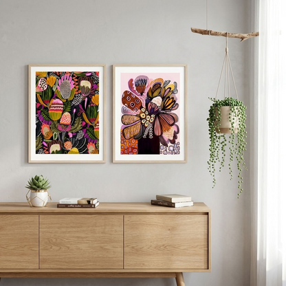 Kirsten Katz abstract banksia and protea print pair, maximalist Australian native wall art