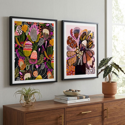 Bush Banksias wall art print set by Kirsten Katz, Australian abstract banksia and protea prints in rich, layered colour